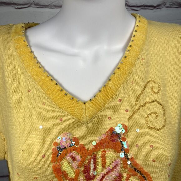 Quacker Factory Women’s MEDIUM Yellow Sequin Butterfly Sweater Whimsical SZ 1X - Picture 4 of 14